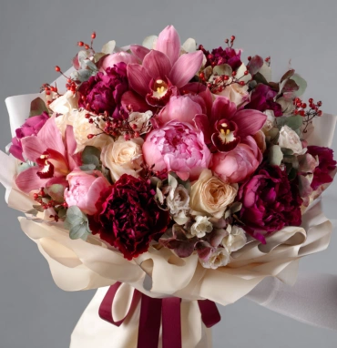 Букет с пионами «Рубиновая вуаль»